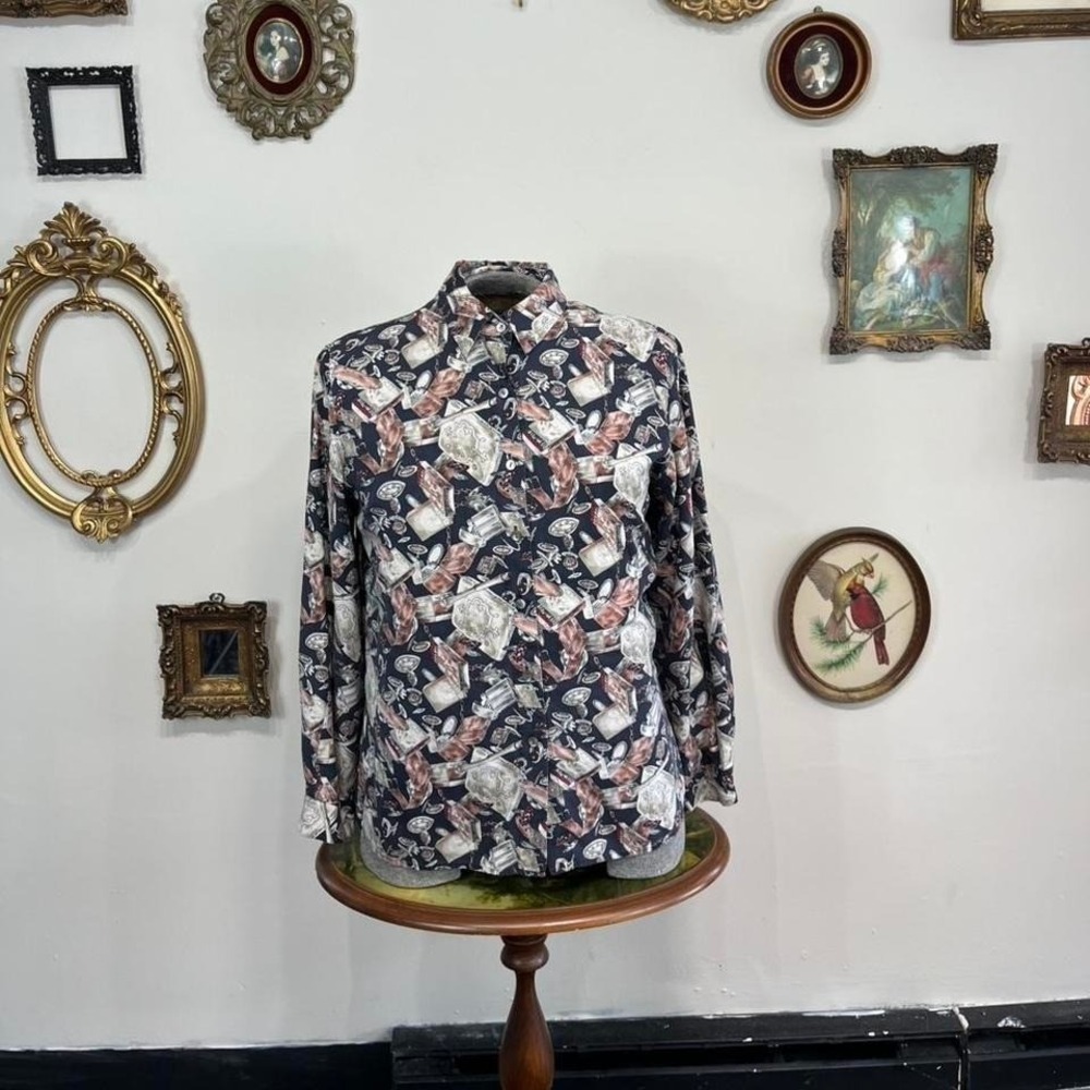 Vintage Barry Bricken Novelty Print Silk Button-Up Shirt – Men's Medium